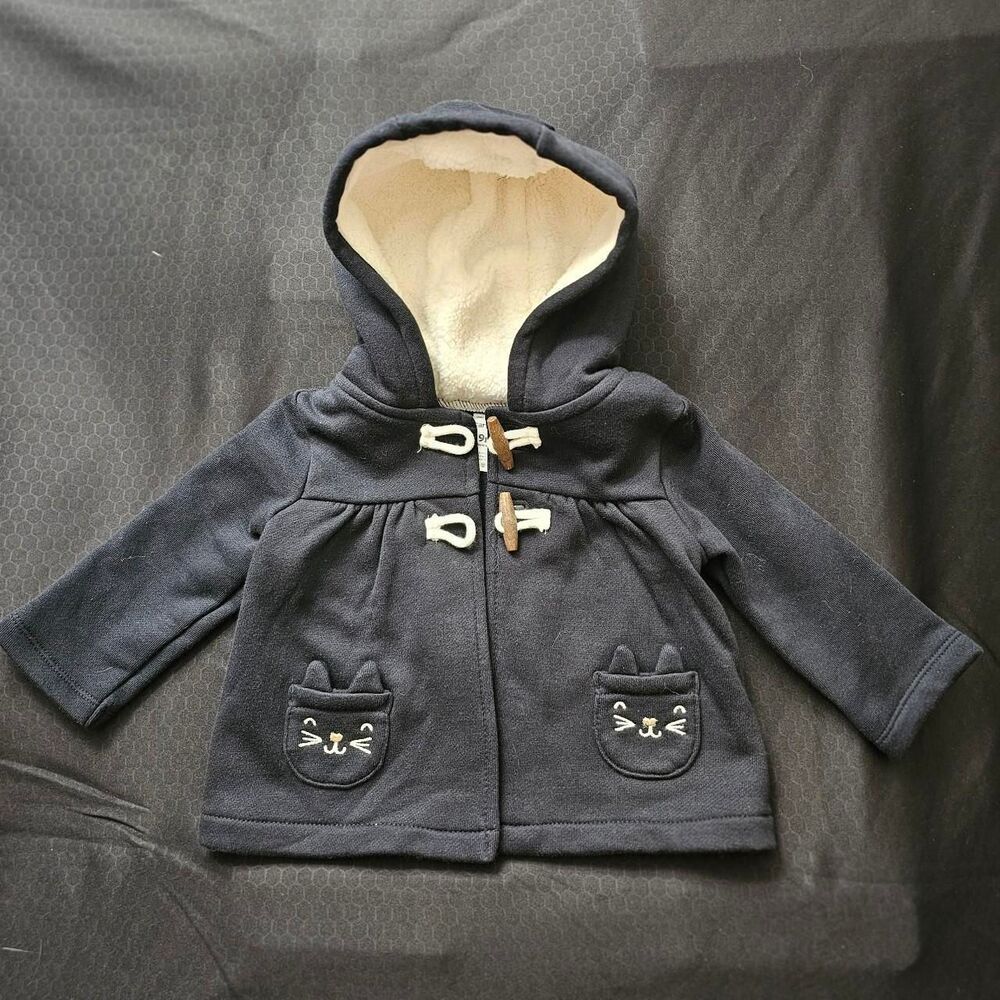 Carter's Baby Girls Hooded Toggle Coat Jacket Navy Sherpa Lining Cat Pockets 9M